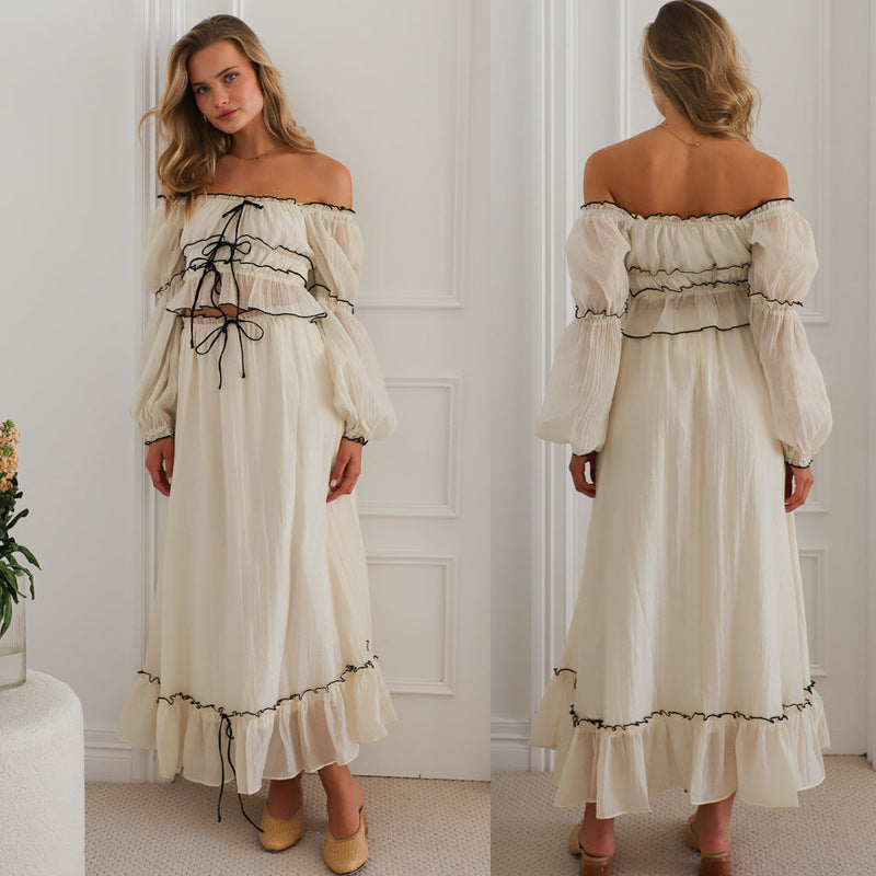 Damen luftiges Crop-Top mit Rüschen und Bindegürtel Drune