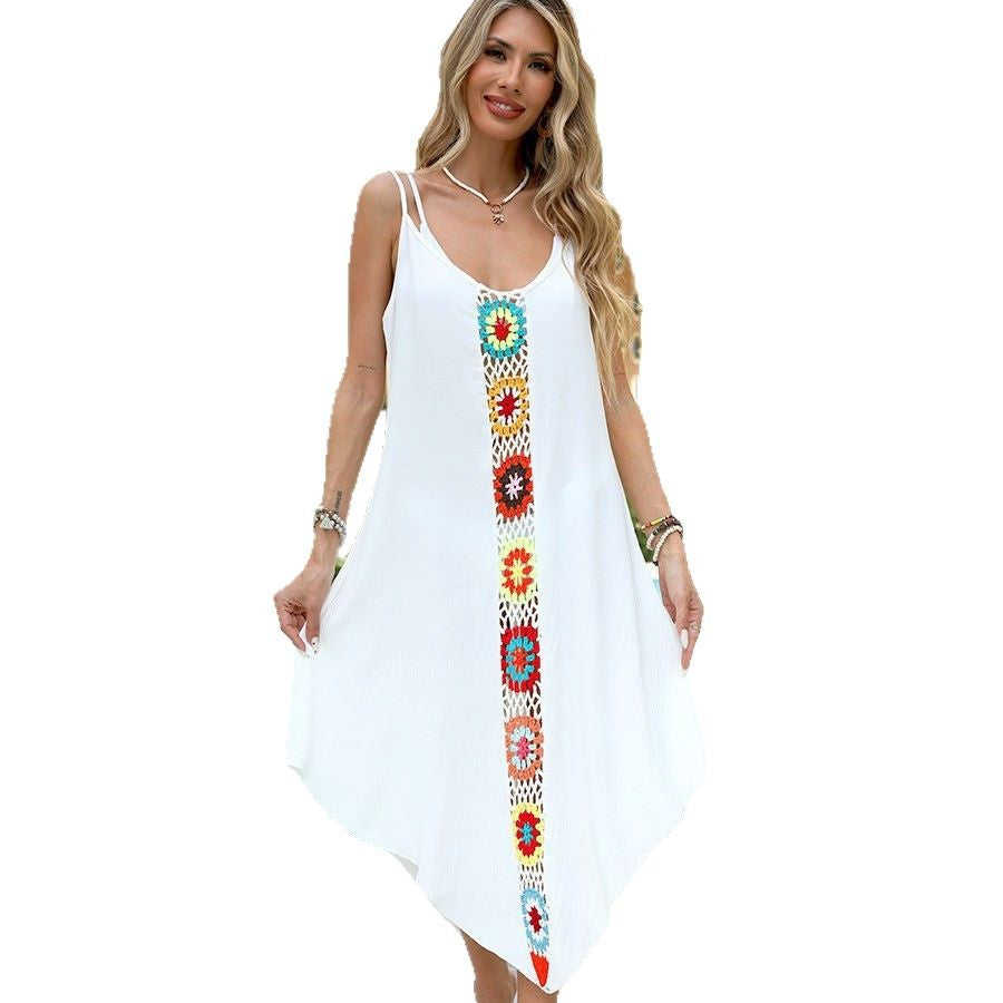 Damen luftiges Maxikleid mit asymmetrischem Saum und buntem Häkelmuster Drune