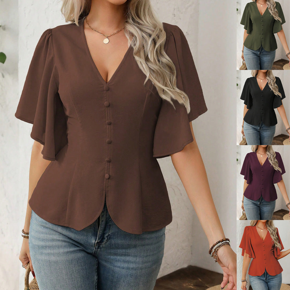 Damen V-Ausschnitt taillierte Bluse mit Schößchen und Volantärmeln Drune