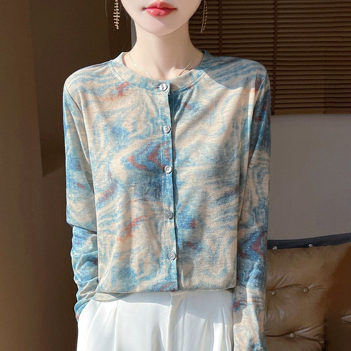 Damen Leichter Aquarell‑Print Feinstrick‑Cardigan mit Rundhalsausschnitt und Knopfleiste Drune
