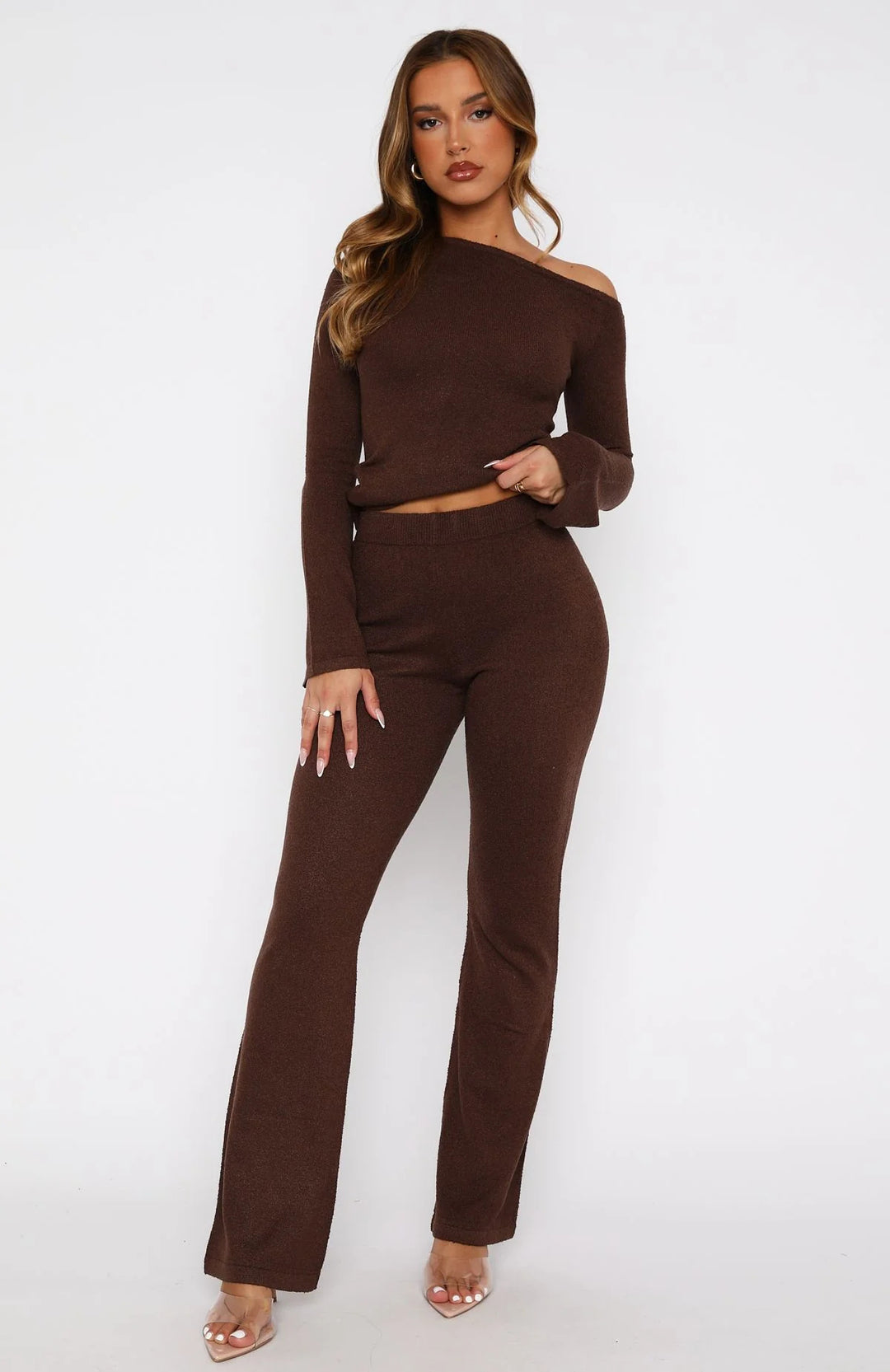 Damen Zweiteiliges Strick-Loungewear-Set mit Carmen‑Ausschnitt und weitem High‑Waist‑Hosenbein Drune
