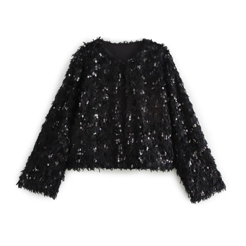 Femme Shimmery Fuzzy Crop Jacke Drune