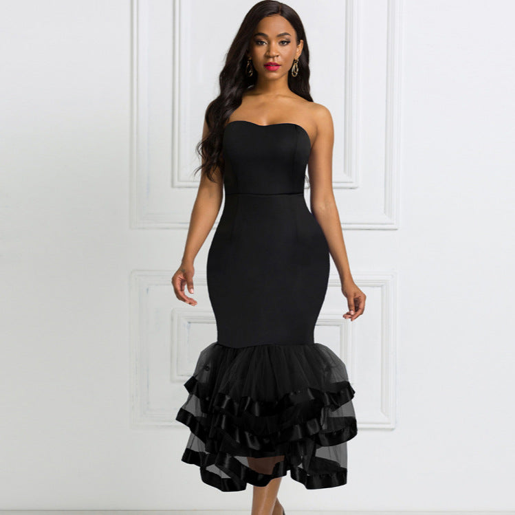 Damen figurbetontes Abendkleid mit schwingendem Rüschensaum Drune