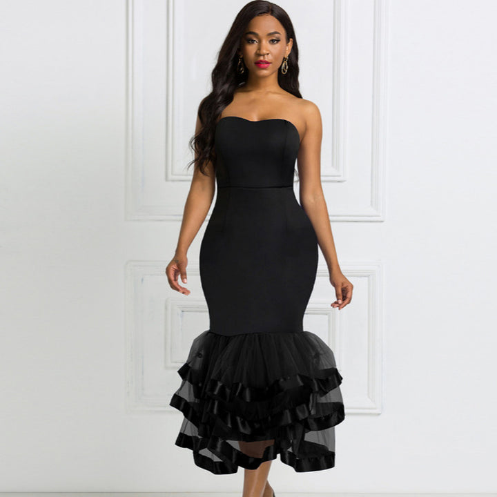Damen figurbetontes Abendkleid mit schwingendem Rüschensaum Drune