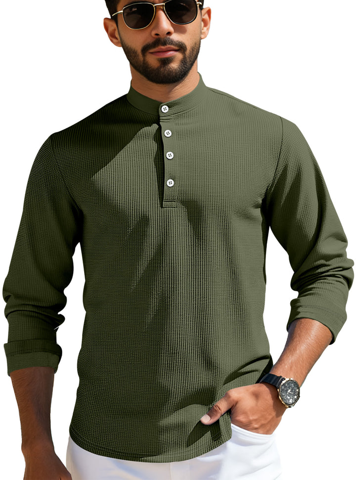 Herren nan strukturiertes Langarm-Henley mit Nehru-Kragen und Ton-in-Ton-Knopfleiste Drune