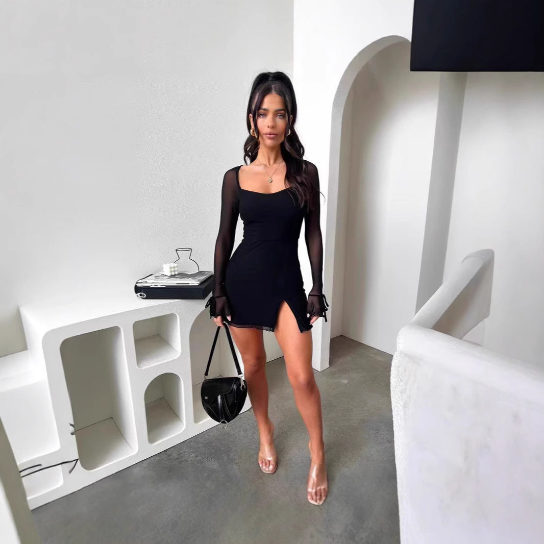 Damen Minikleid mit transparenten Ärmeln und seitlichem Schlitz Drune