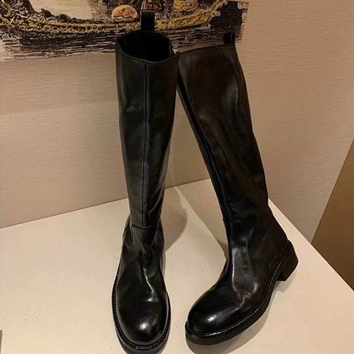 Damen Kniehohe Glattleder-Stiefel mit verdecktem Reißverschluss und stoßdämpfender Laufsohle Drune