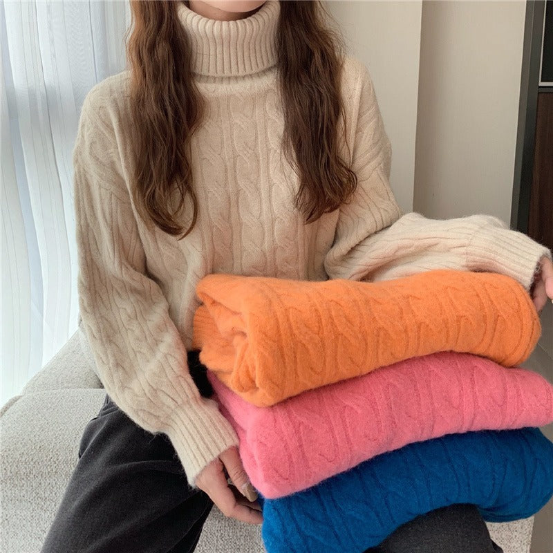 Damen Grobstrickpullover mit hohem Kragen und Zopfmuster Drune