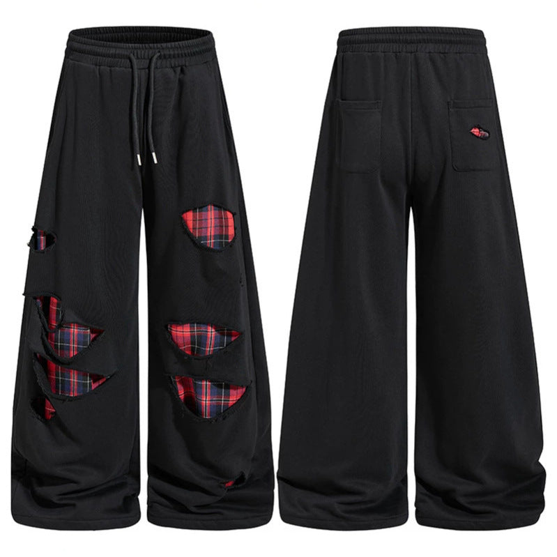 Damen weite Destroyed-Jogginghose im Grunge-Stil mit karierten Futterpatches Drune