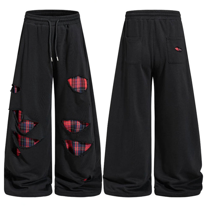 Damen weite Destroyed-Jogginghose im Grunge-Stil mit karierten Futterpatches Drune