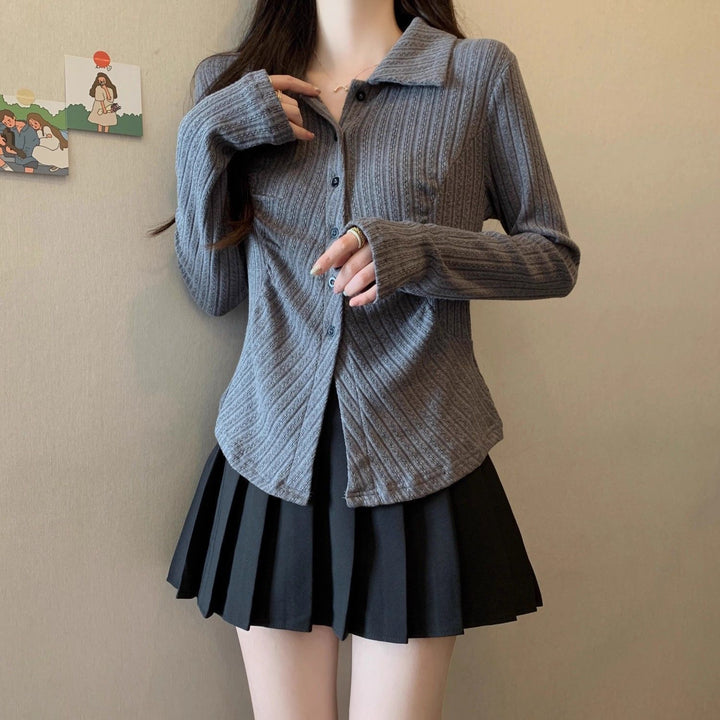 Damen Modische Rippstrickbluse mit langen Ärmeln Drune
