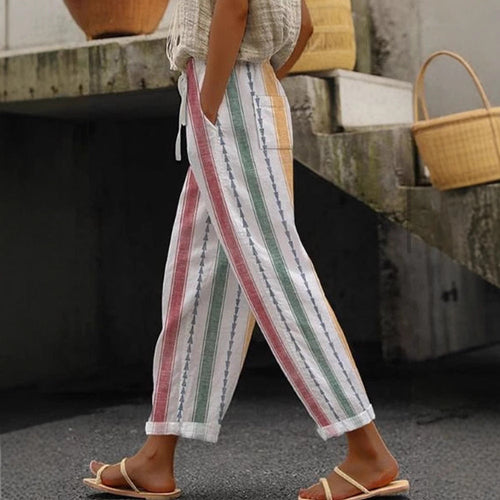 Damen Weite Leinenhose mit handgewebtem Muster Drune