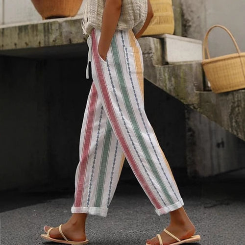 Damen Weite Leinenhose mit handgewebtem Muster Drune