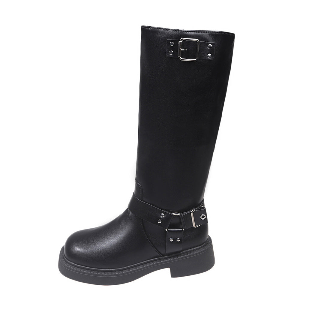 Damen Kniehohe Bikerstiefel mit seitlichem Reißverschluss und Dekorschnallen Drune
