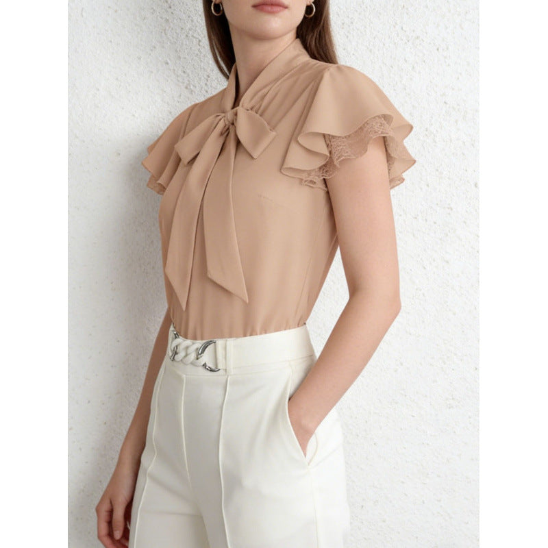 Damen Bluse mit Rüschenärmeln und feminine Schleife Drune