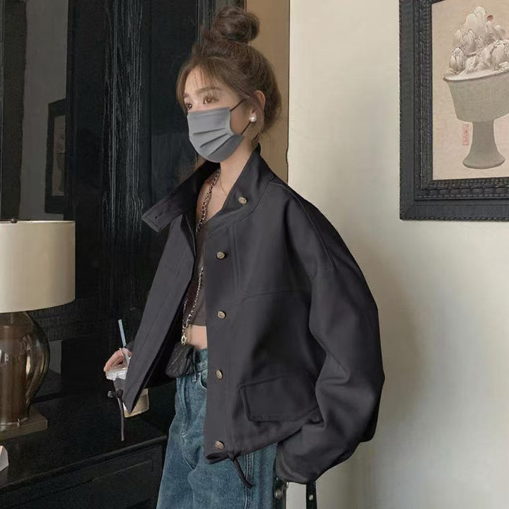 Damen Modische Kurzjacke mit hohem Kragen und Druckknopfverschluss Drune