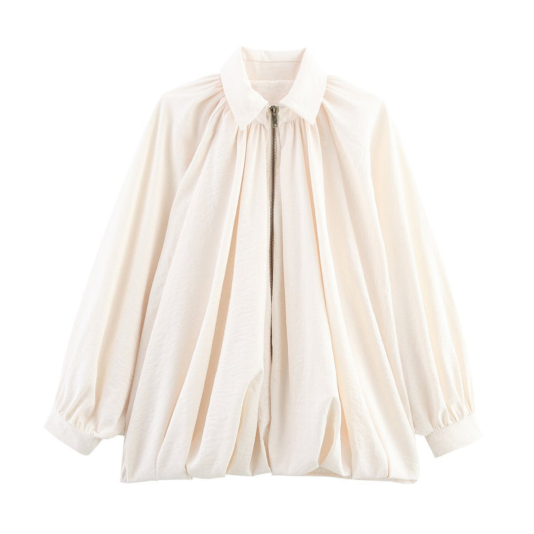Damen Oversize-Hemdbluse mit Reißverschluss, Kräuselung und Ballonärmeln Drune