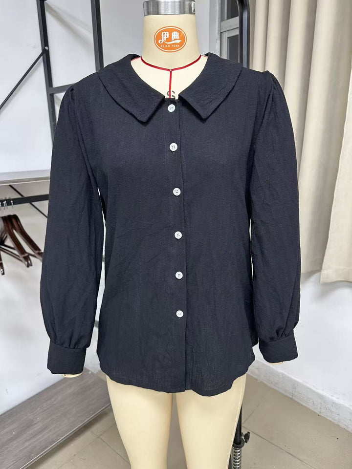 Damen Locker geschnittene Bluse mit Rundkragen, Puffärmeln und Perlmuttknopfleiste Drune