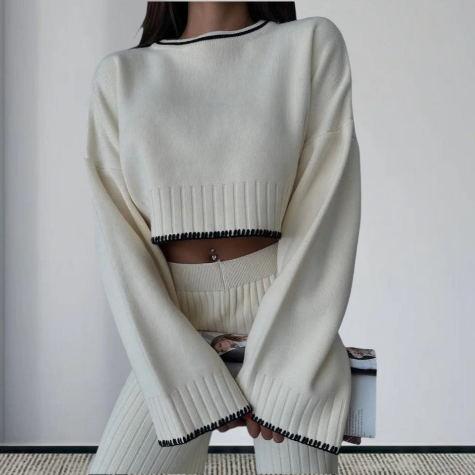 Damen elegantes Strickanzug mit weitem Bein und romantischen Ärmeln Drune