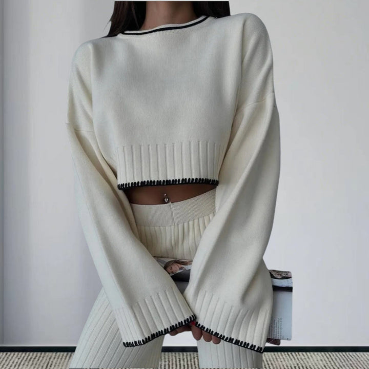 Damen elegantes Strickanzug mit weitem Bein und romantischen Ärmeln Drune