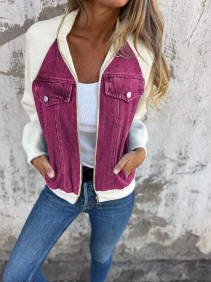 Damen Denim-Jacke mit kontrastfarbenen Ärmeln und praktischen Taschen Drune