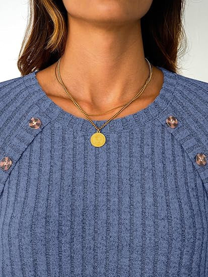 Damen Gerippter Rundhals-Pullover mit dekorativen Schulterknöpfen Drune