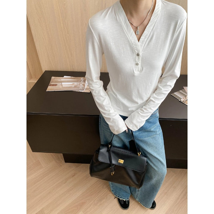 Damen Langarm-Henley-Shirt mit Knopfleiste und lockerem Schnitt Drune