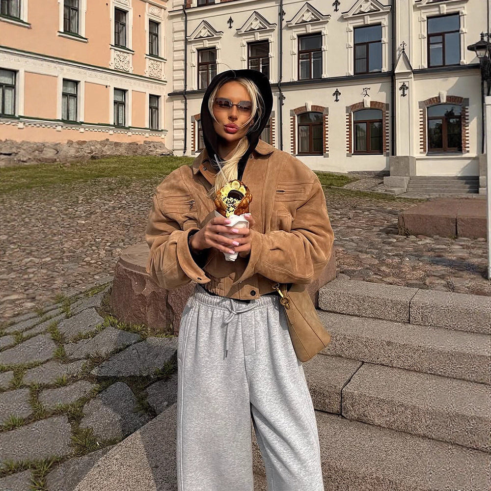 Damen cropped Wildlederjacke mit breiten Ärmeln und praktischen Taschen Drune