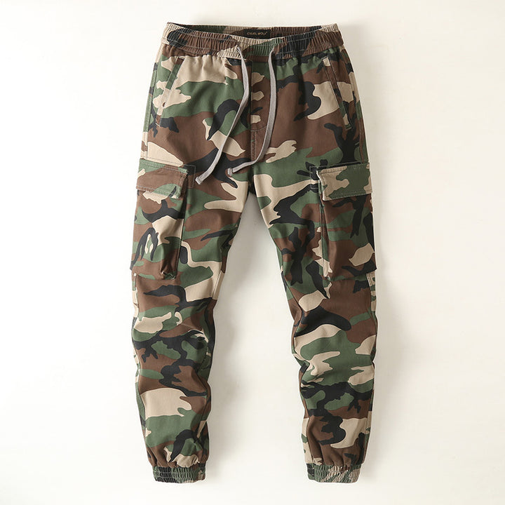 Herren Slim-Fit Cargohose im Tarnmuster mit elastischem Tunnelzugbund und verstärkten Knien Drune
