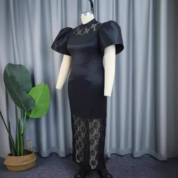 Damen Elegantes Maxikleid mit dekorativen Puffärmeln und romantischem Spitzenunterbau Drune