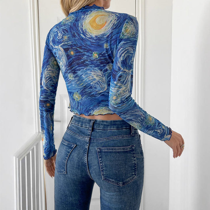 Drune | Kleines Stehkragen Sternenhimmel Netz Kurzarm-T-Shirt