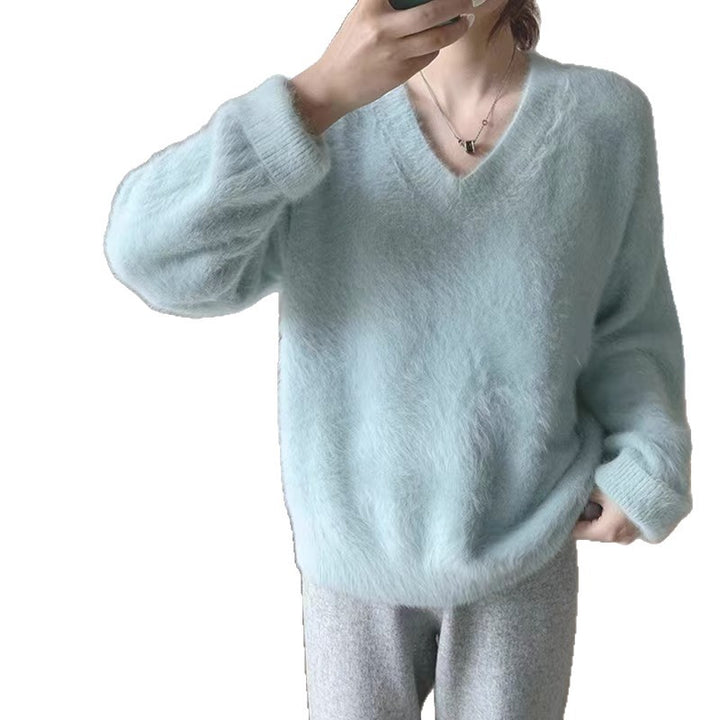 Damen Flauschiger V-Ausschnitt Pullover mit weichem Material und lässigem Schnitt Drune