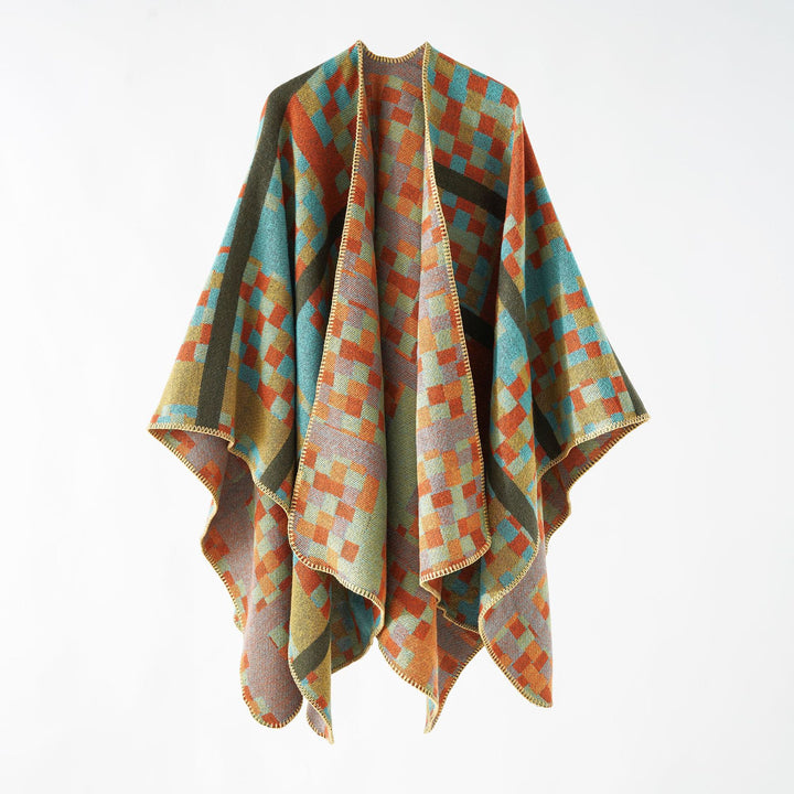 Damen Kastiger Webponcho mit grafischem Jacquard und Kettelkante Drune