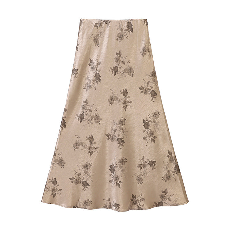 Damen nan taillenhoher A-Linien-Midirock aus jacquardähnischem Satin mit floralem Relief Drune