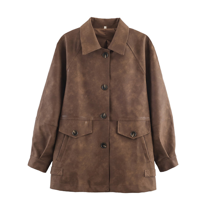 Damen lässige Kunstlederjacke mit Taschen Drune