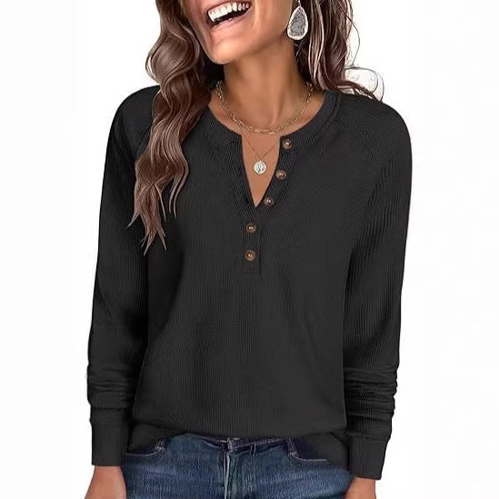 Damen Waffelstrick-Henley-Longsleeve mit Knopfleiste, Raglanärmeln und gerippten Bündchen Drune