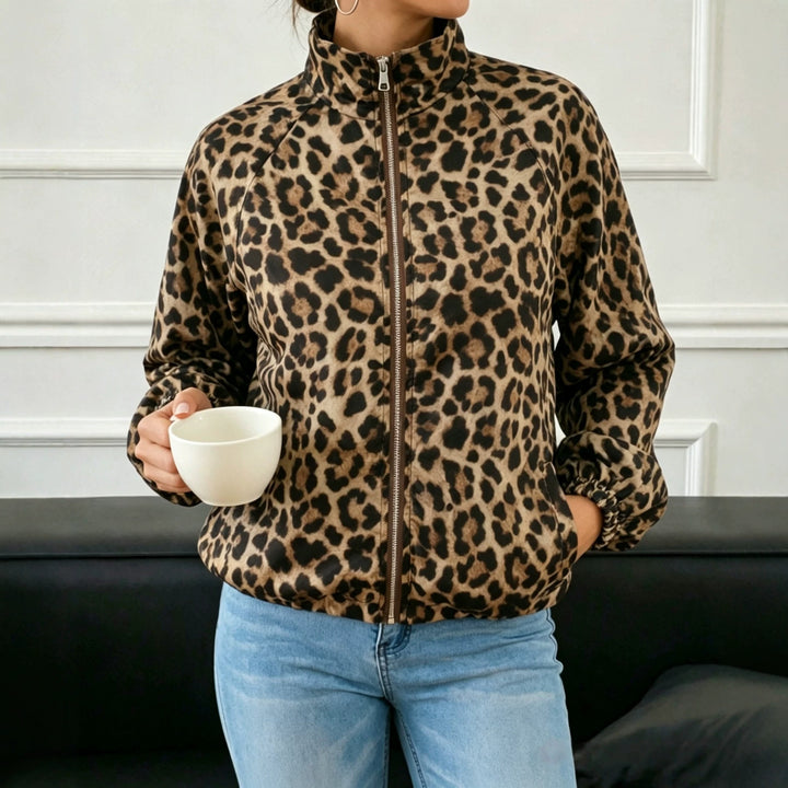 Damen Lockere Bomberjacke im Animal-Print mit Stehkragen und elastischen Bündchen Drune