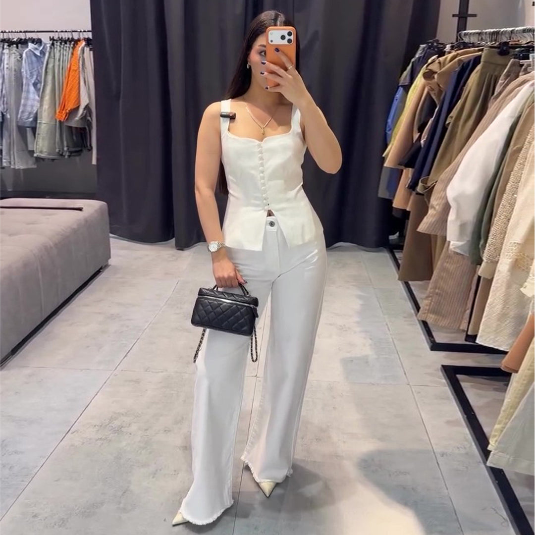 Damen Elegantes Top mit tailliertem Schnitt und dekorativen Knöpfen Drune