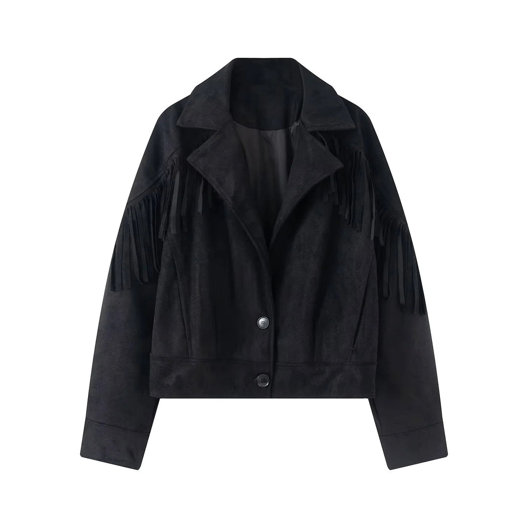 Damen nan kurze Wildlederoptik Fransenjacke mit Reverskragen und verdeckter Knopfleiste Drune
