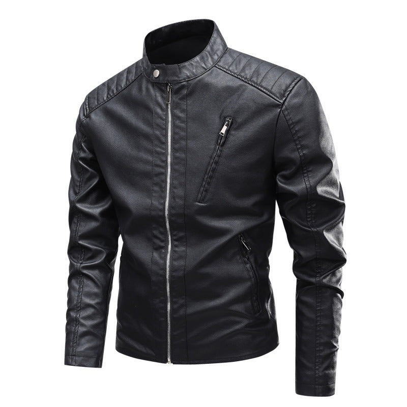 Herren Modische Kunstlederjacke mit Stehkragen und hochwertigen Reißverschlüssen Drune