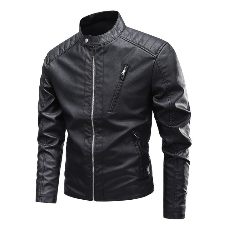 Herren Modische Kunstlederjacke mit Stehkragen und hochwertigen Reißverschlüssen Drune