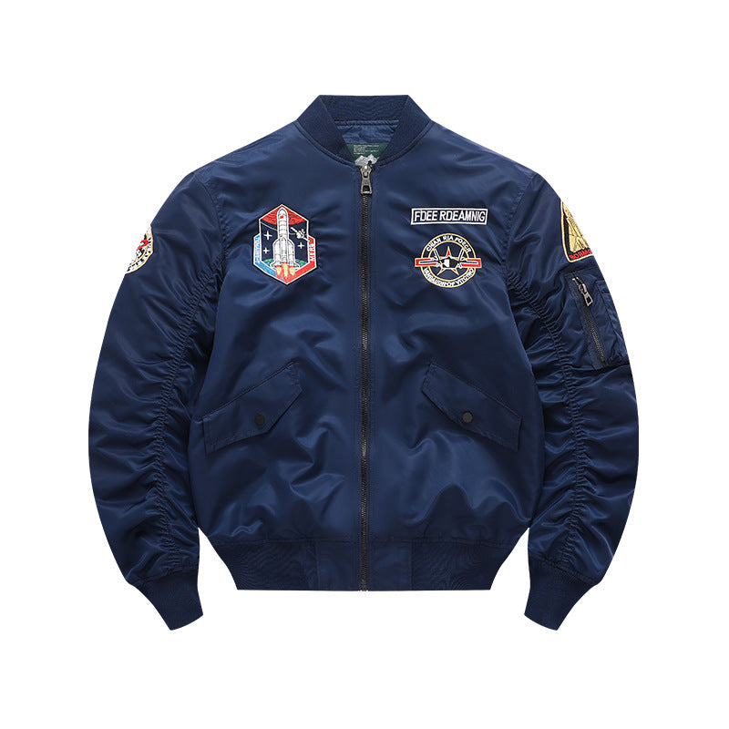 Men's  vintage-inspired mission patch flight bomber with utility sleeve pocket Drune
