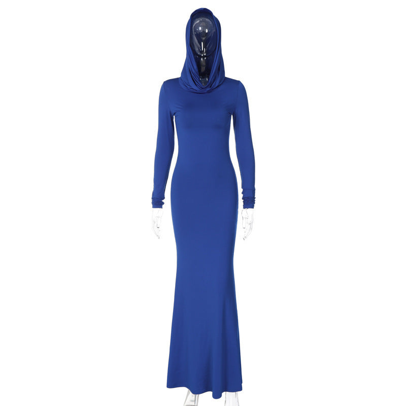 Damen Langarm-Maxis Kleid mit Kapuze aus hochwertigem Stretchmaterial Drune