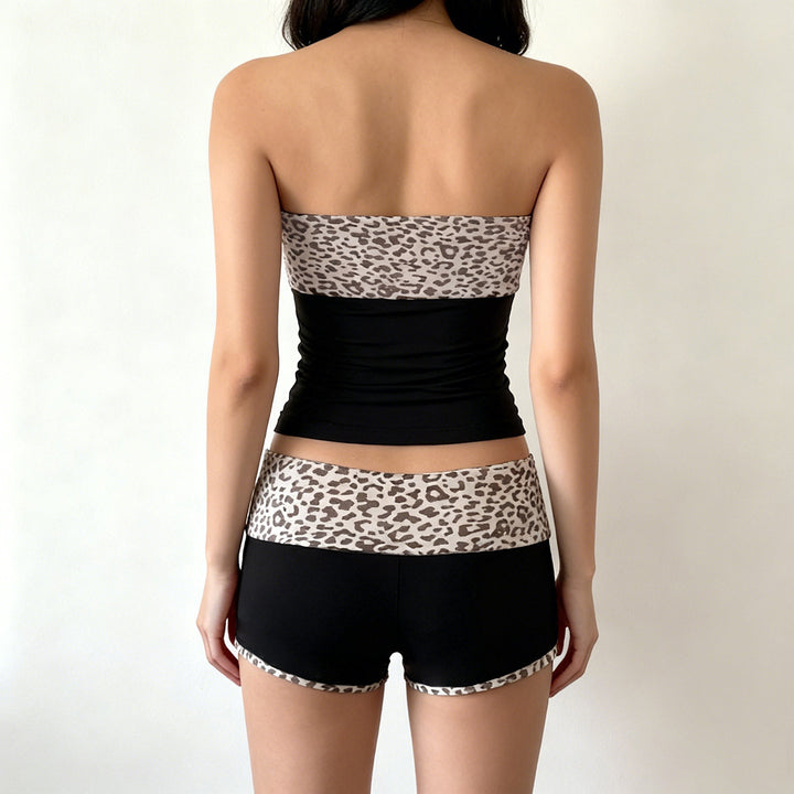 Damen Bandeau-Bikini-Set mit modischem Leopardenmuster und bequemen Shorts Drune