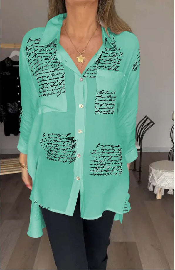Damen Oversize Hemd Bluse aus leichtem Chiffon mit Text-Patch-Druck und aufgenähter Brusttasche Drune