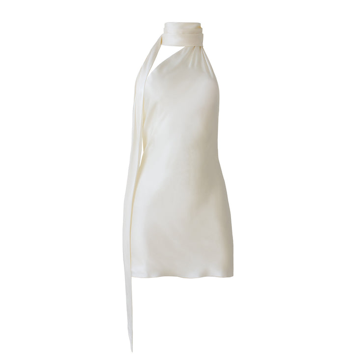 Damen Elegantes Satin Minikleid mit Halterneck und fließendem Schal Drune