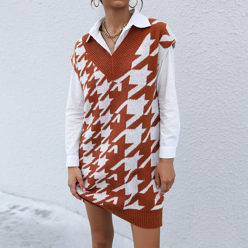 Damen Longline Strick‑Tunikaweste mit Hahnentritt‑Jacquard und tiefem V‑Ausschnitt Drune