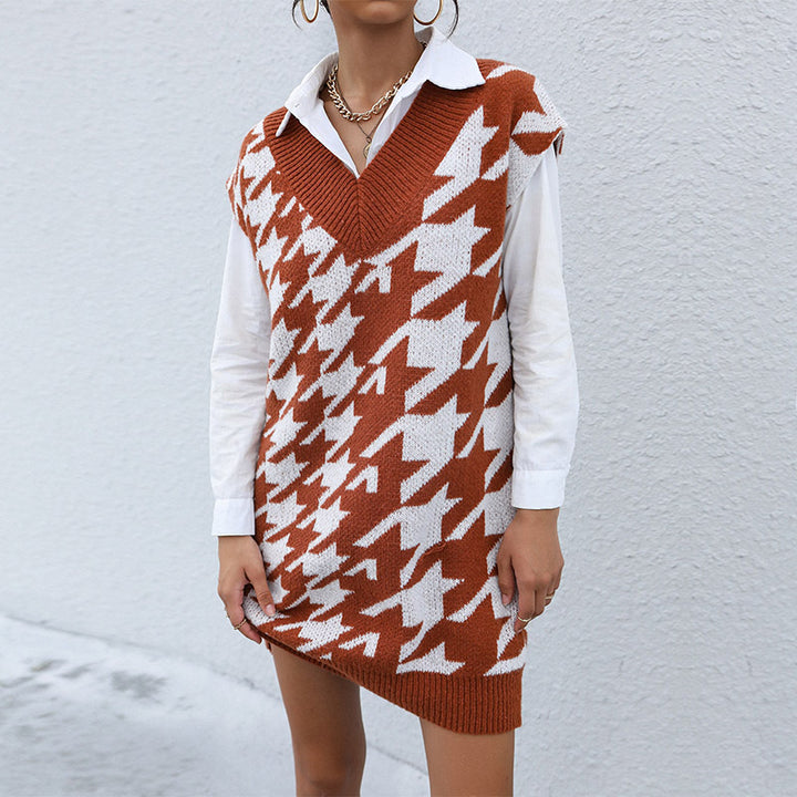 Damen Longline Strick‑Tunikaweste mit Hahnentritt‑Jacquard und tiefem V‑Ausschnitt Drune