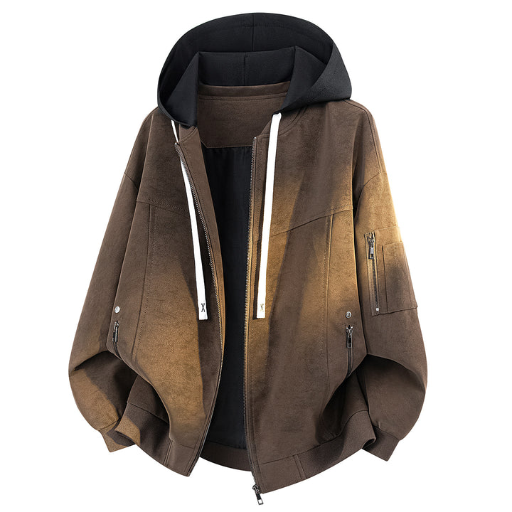 Herren Oversize-Bomberjacke mit Kapuze in Velours‑Optik & Ärmeltasche Drune