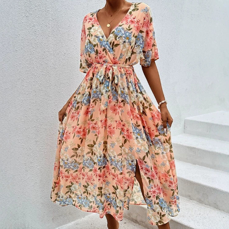 Damen nan florales V-Ausschnitt-Bindekleid mit tailliertem Gürtel und seitlichem Beinschlitz Drune